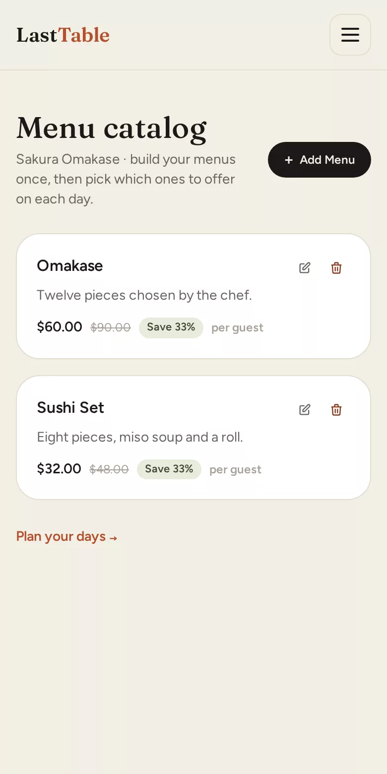 Add your set menus